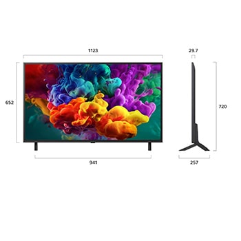 Een LG QNED evo AI QNED85 Mini LED, weergegeven van de voorkant en van de zijkant, heeft een 50 inch scherm dat 1123 mm breed is, 652 mm hoog, 720 mm hoog met standaard, een profieldiepte van 29,7 mm en een afmeting van de voet van de standaard van 941 bij 257 mm.